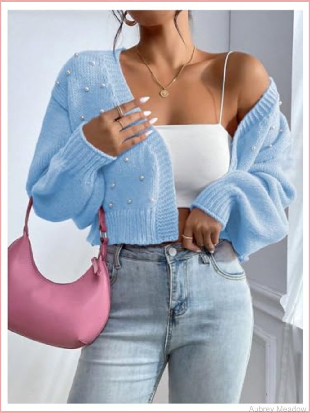 Pearl Beaded Open Front Cardigan Oversize V Neck Drop Shoulder Cropped Sweater - Picture 6 of 6